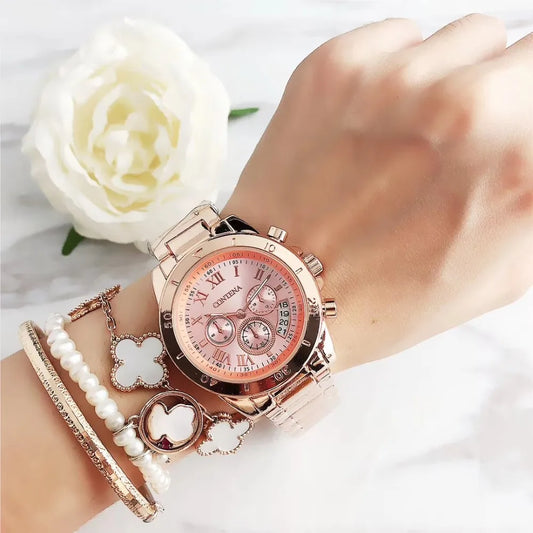 Luxuriöse Damenuhr mit Edelstahlarmband und Quarzuhrwerk, elegant