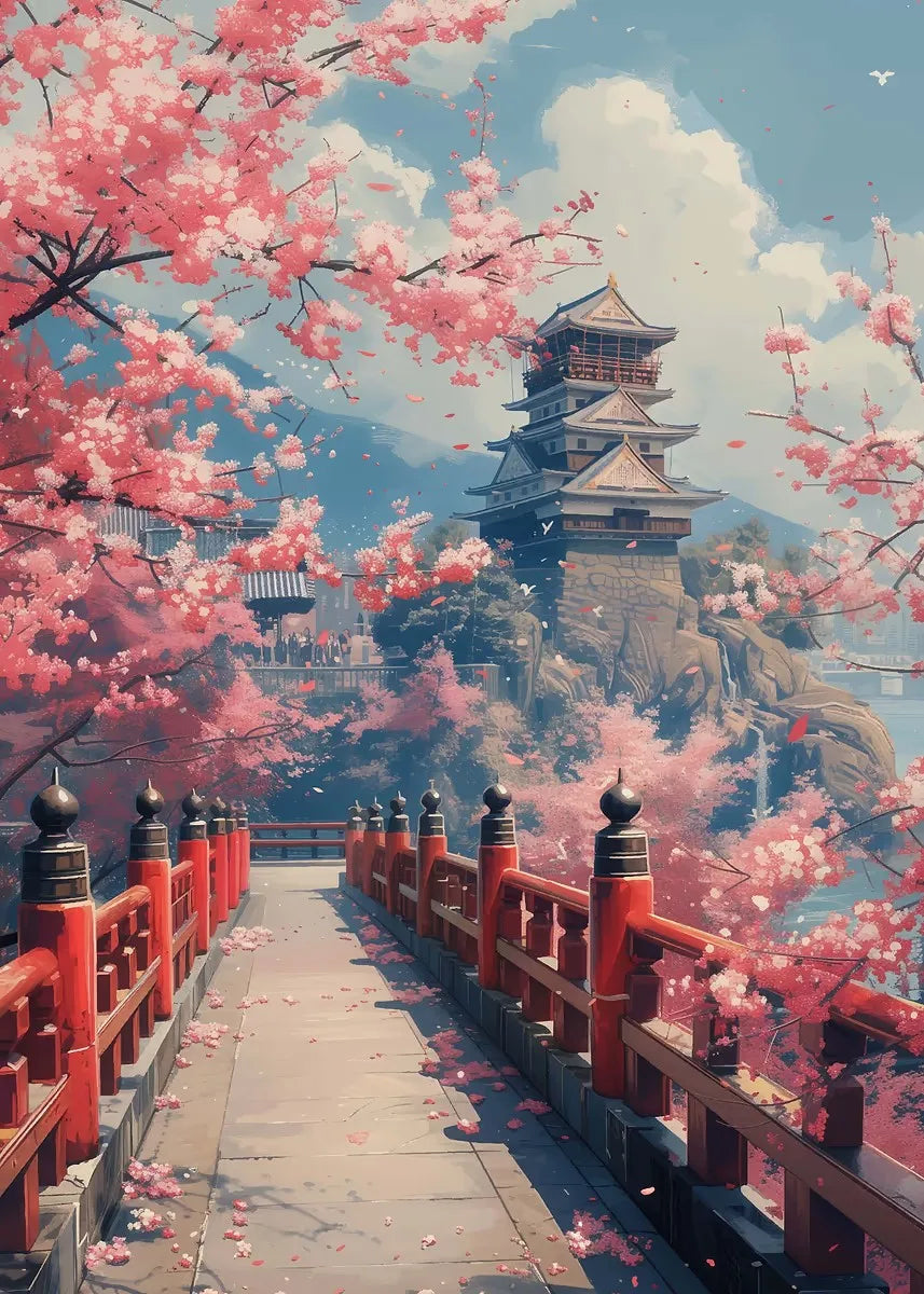 Japanisches Kirschblüten-Dorf Leinwanddruck mit Mount Fuji Wandkunst-Yabubest - Home & More