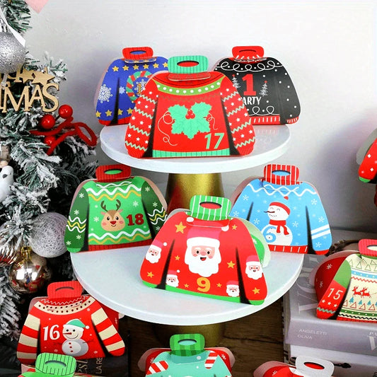24 Stück festlicher Adventskalender im Pullover-Design mit Dekorationen