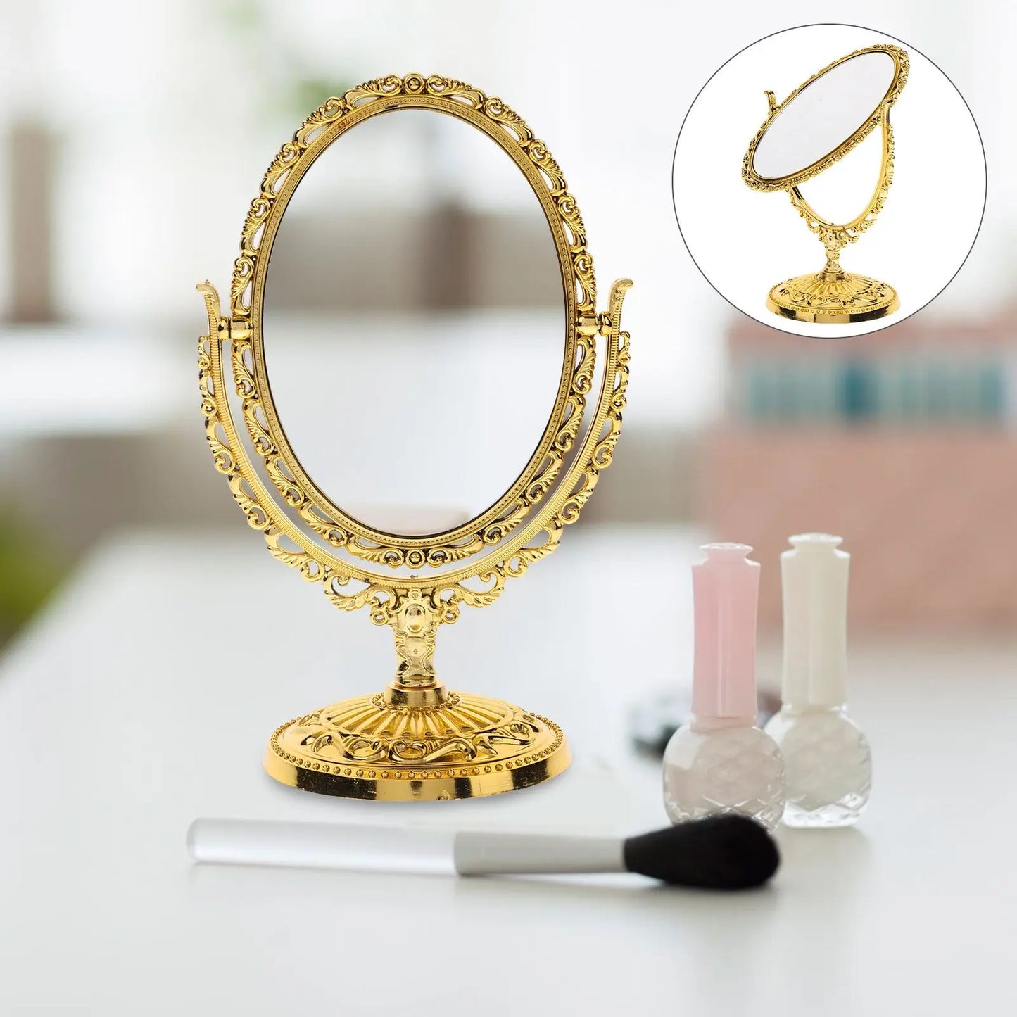 Eleganter Drehbarer Make-up Spiegel Oval Vintage Stil Doppelseitig