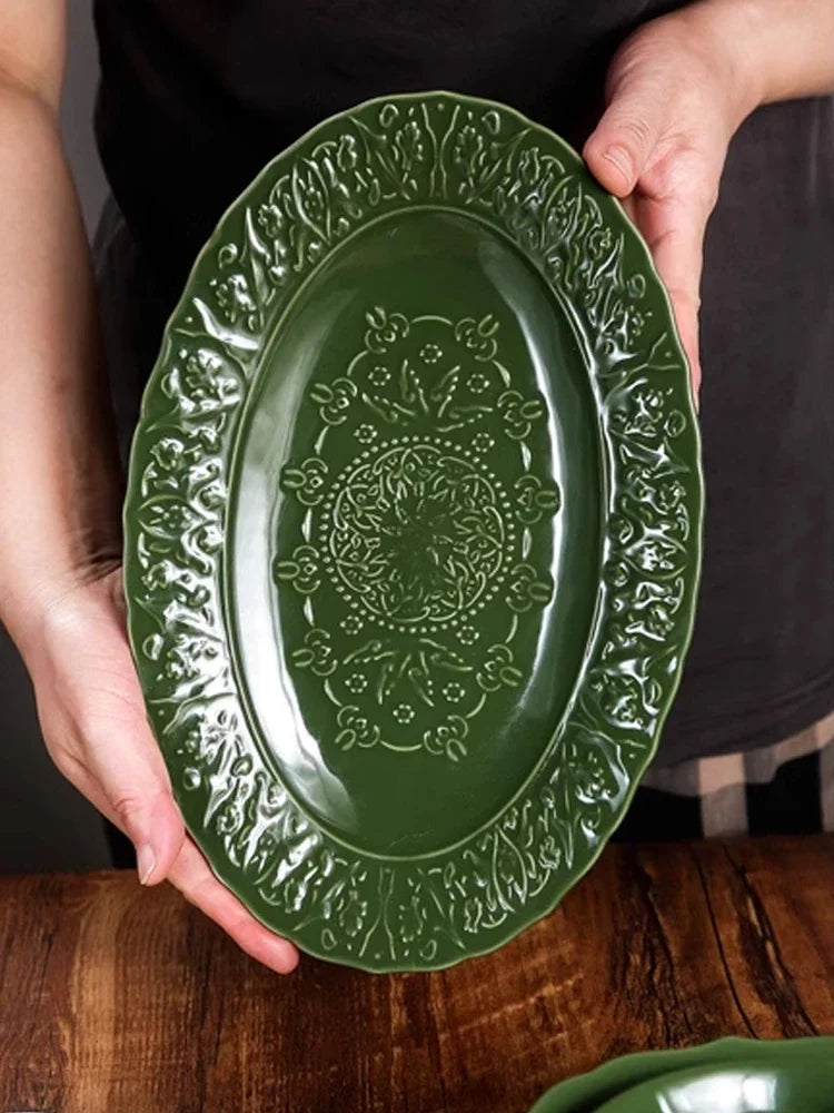 Retro Keramikgeschirr Set mit grünem Essteller und Suppenschüssel