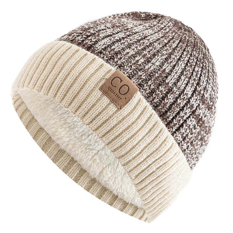 Unisex Zweifarbige Winter Beanie Mütze mit Pelzfutter für Wärme