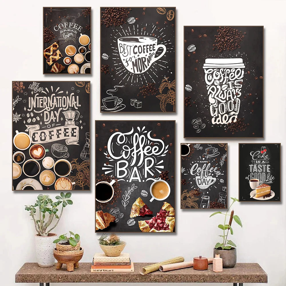 Kaffeetasse Poster Nordic Drucke Kaffee Bäckerei Kuchen Pizza Tafeln Leinwand Malerei Bilder für Cafe Shop Home Küche Dekor