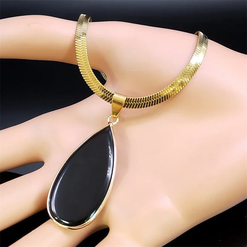 Kpop Schwarz Obsidian Wassertropfen Halskette Edelstahl Goldfarbe Damen