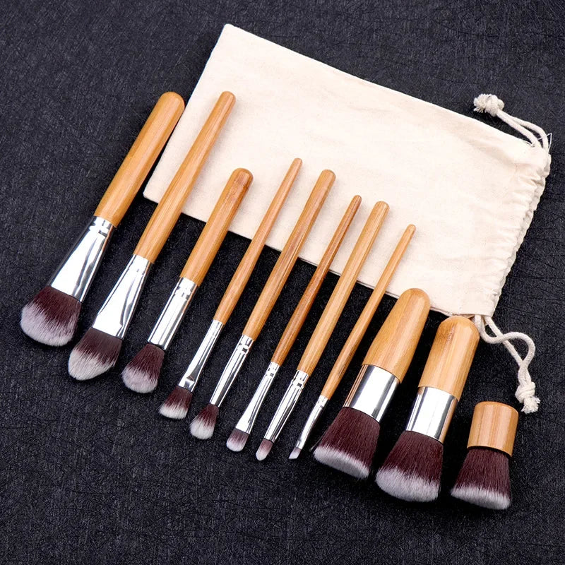 11-teiliges Make-up Pinsel Set mit Bambusgriff und Baumwolltasche-Yabubestshop