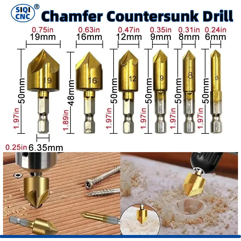 6-teiliges Titanbeschichtetes Senkkopf-Bohrer Set mit sechseckigem Griff, 6-19 mm