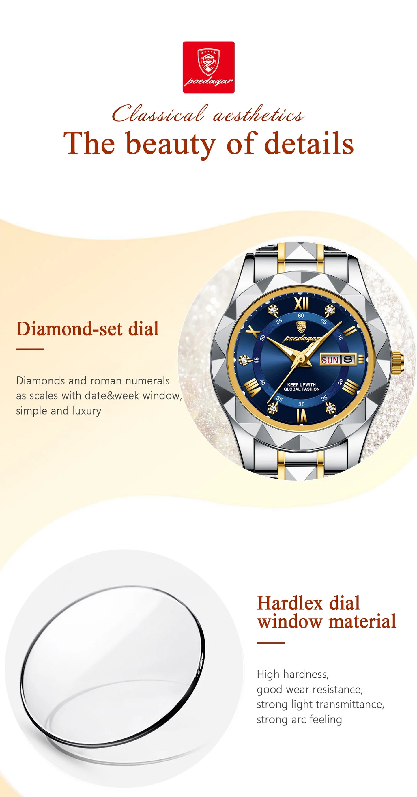 Elegante Damenuhr mit Leuchtzeigern und wasserdichtem Edelstahlgehäuse