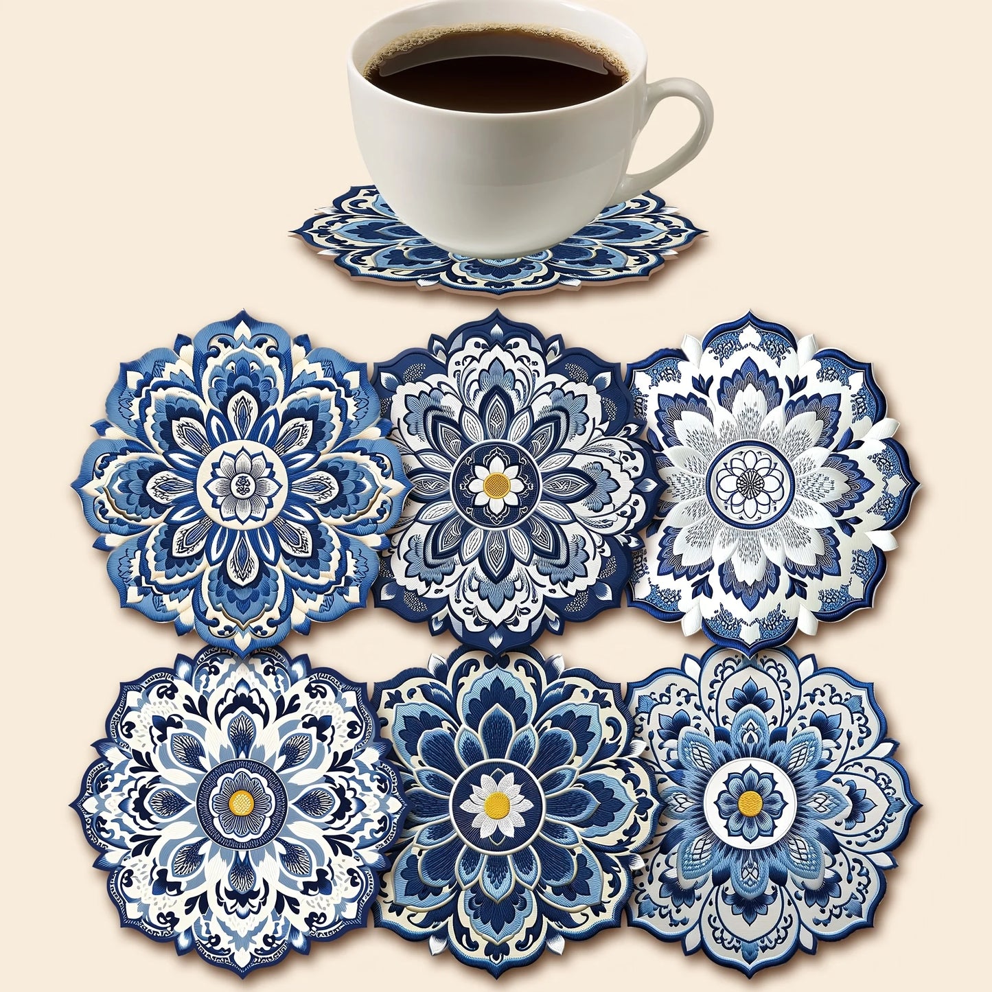 Runder Holzuntersetzer mit blau weißem Muster für stilvolle Tischdekoration