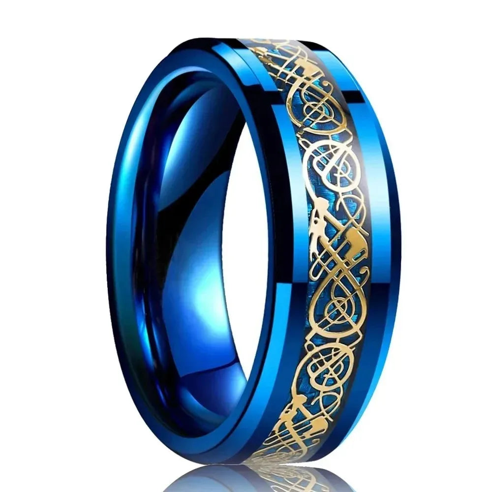 Eleganter Edelstahlring mit keltischem Drachen und Carbon Inlay
