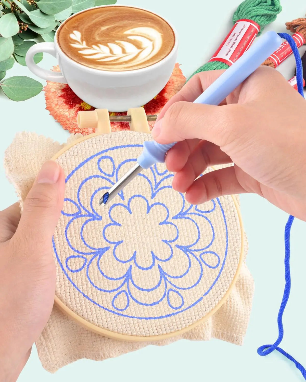 6-teiliges Punch Needle Untersetzer Set mit Pflanzenmuster für Anfänger