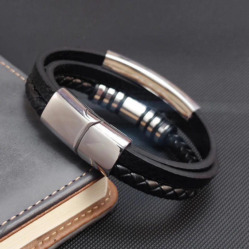 Multilayer Herren Armband aus Edelstahl und Leder mit Perlen Design