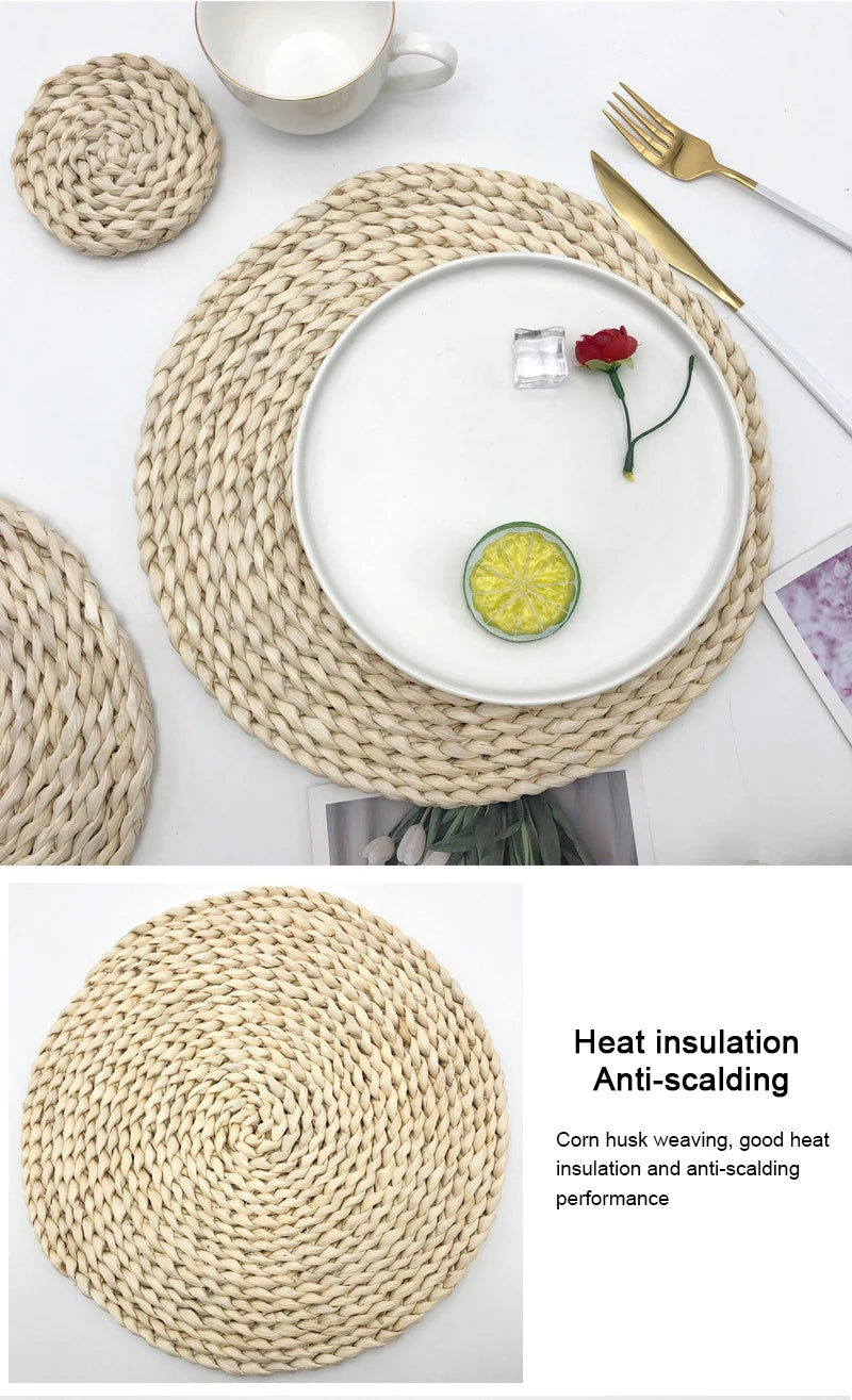 Handgeflochtene Runde Tischsets aus Rattan fuer Kueche Esszimmer