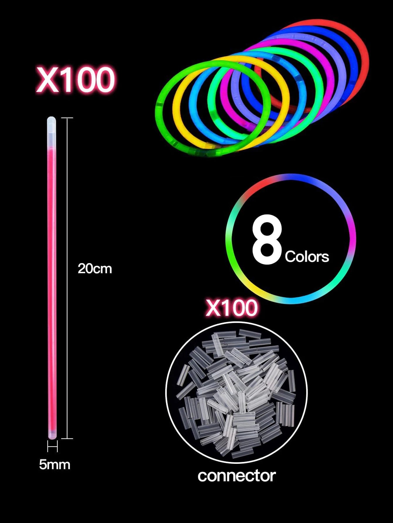 Bunte Leuchtstäbe für Armbänder Halsketten und Partys 100 Stück
