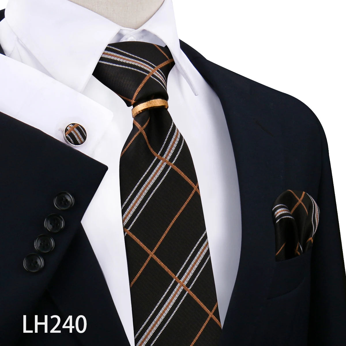 Herren Krawattenset Gold Ring, Manschettenknöpfe, Einstecktuch Festlich