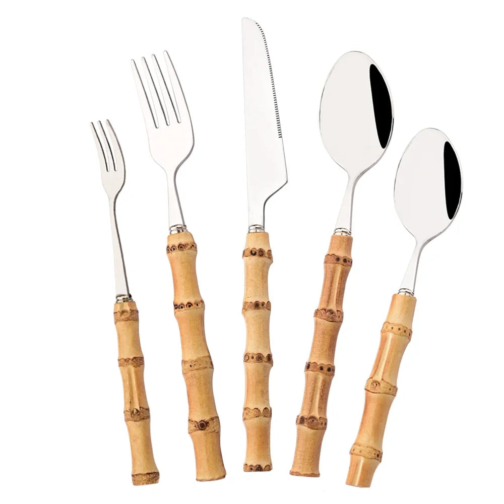 Modernes 4/5-teiliges Besteckset mit schwarzem Bambusgriff und Edelstahl-Design