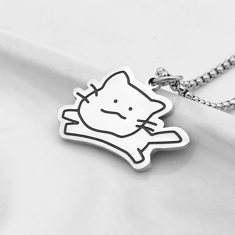 Unisex Edelstahl Halskette mit 3D schwarzer Katzen Anhänger modisch