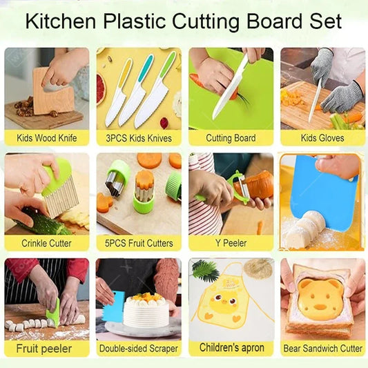 9-teiliges kindersicheres Kochschneider Messer Set mit Schälern und Schneidebrettern
