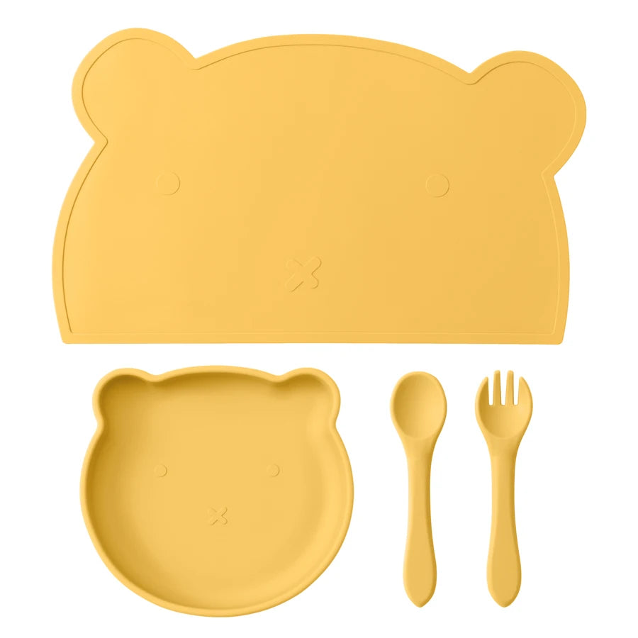 4-teiliges BPA-freies Silikon Kinder Geschirr Set mit Teller Löffel Gabel