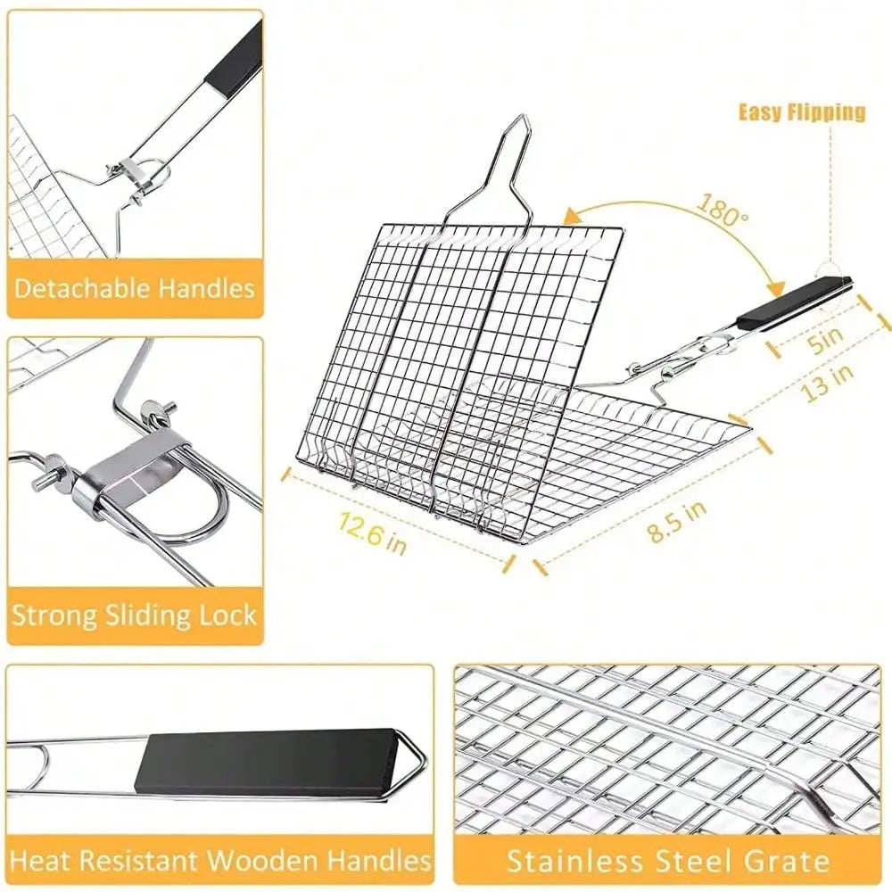 Faltbarer Edelstahl-Camping-Grill mit abnehmbarem Griff – leicht - robust