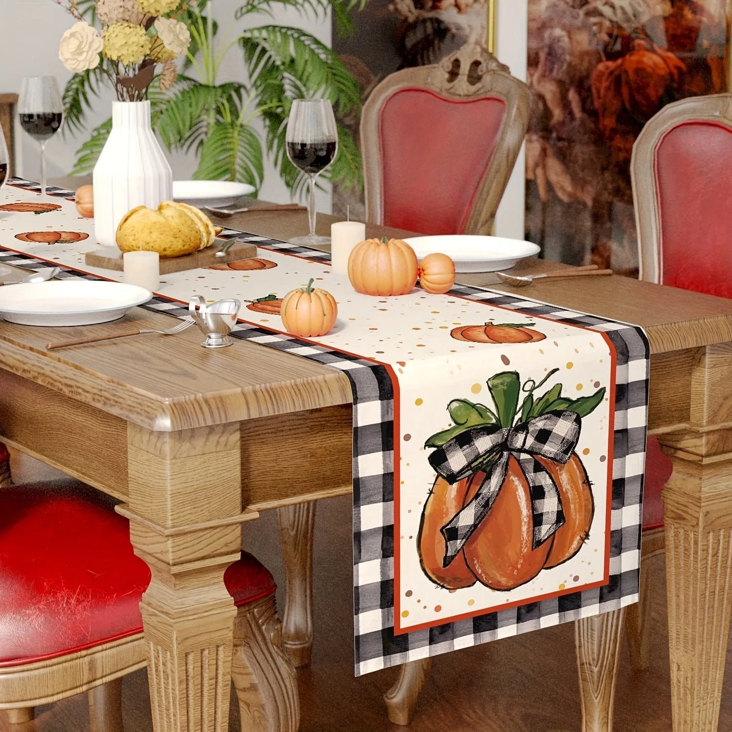 Herbst Buffalo Check Tischläufer Kürbisblatt Landhausstil Deko