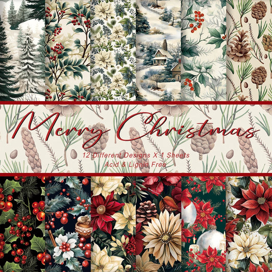 12 Stück Weihnachtsdekoratives Papier mit Holly, Beeren und Tannenzapfen