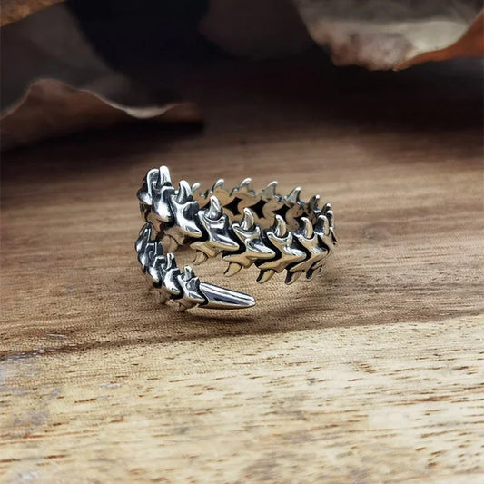 Antik Silber Gothic Wirbelsäule Ring – Offener Y2K Hip Hop Unisex Schmuck