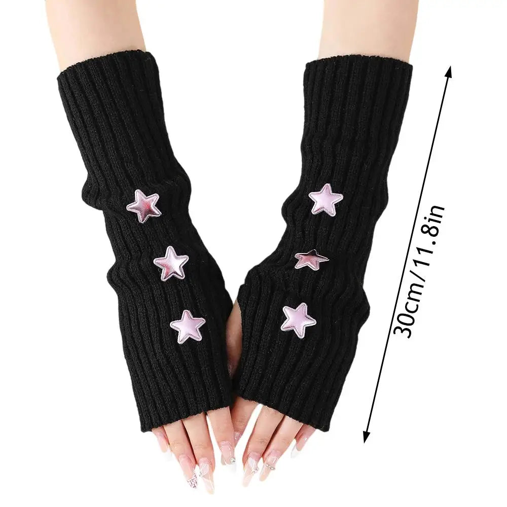 Lange Fingerlose Strickhandschuhe mit Stern Damen 30cm Armstulpen Freizeit