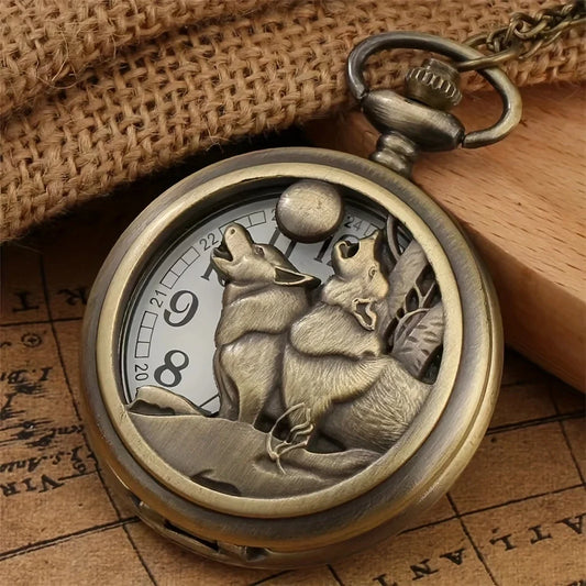 Vintage Taschenuhr Halskette - Wolf Design - Quarzuhr Unisex - Bronze Legierung
