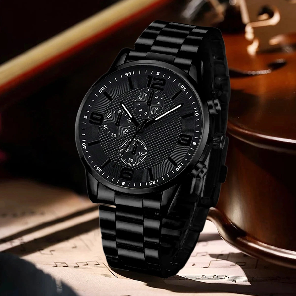 Herren Quarz Uhren Set Schwarz Dreifach-Anzeige Modisch