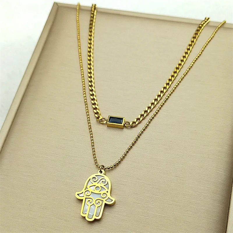 Hamsa Hand Türkisches Auge Kristall Halskette Edelstahl Gold Doppelschicht