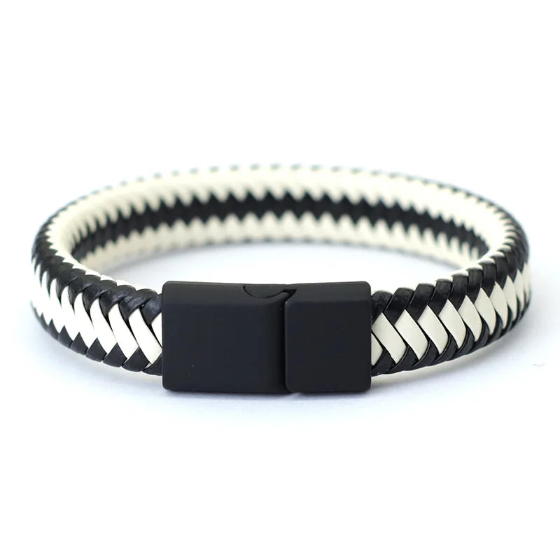 Männer Leder Armband Schwarz Geflochten Punk Steckverschluss 20,5cm