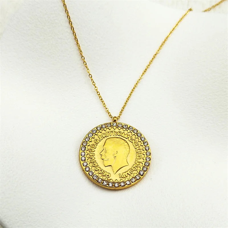 Edelstahl Halskette mit Münzanhänger Rund Goldfarbe Unisex 70cm