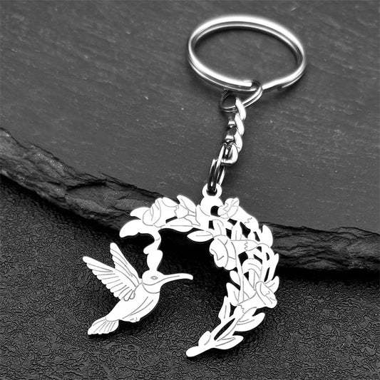 Silberfarbener Edelstahl Schlüsselanhänger Kolibri Blumen Motiv Unisex