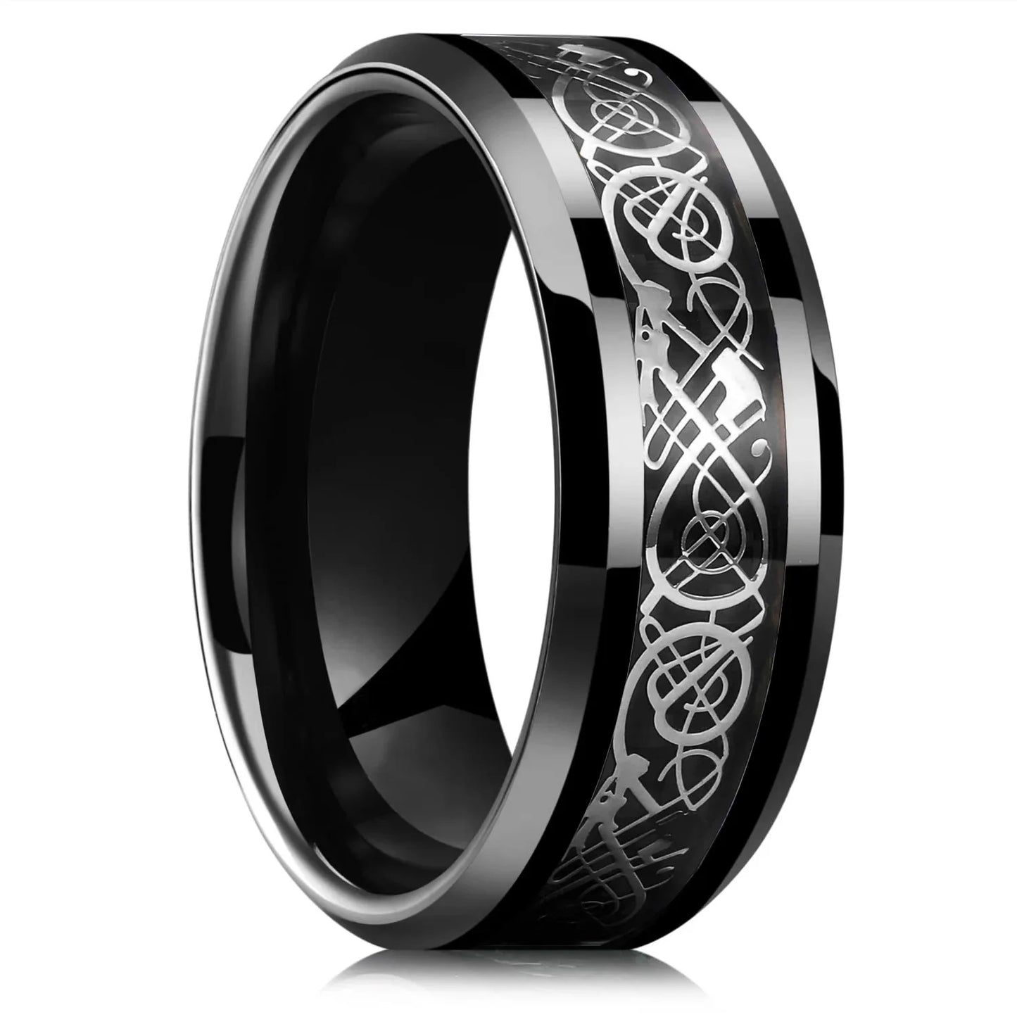 Eleganter Edelstahlring mit keltischem Drachen und Carbon Inlay