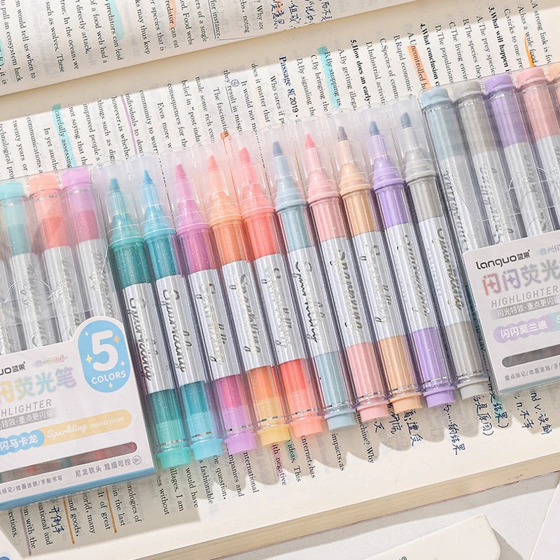 5er Set Funkelnde Glitter Textmarker: Weiche Spitze für Notizen Kunst Studium
