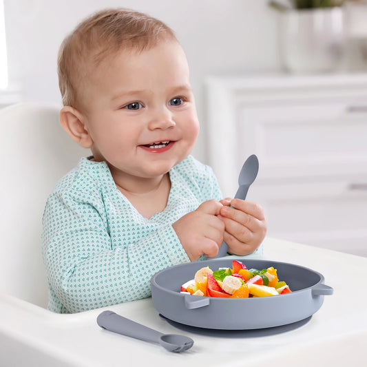 Silikon Babyteller Set Katzenmotiv mit Löffel Gabel mikrowellenfest