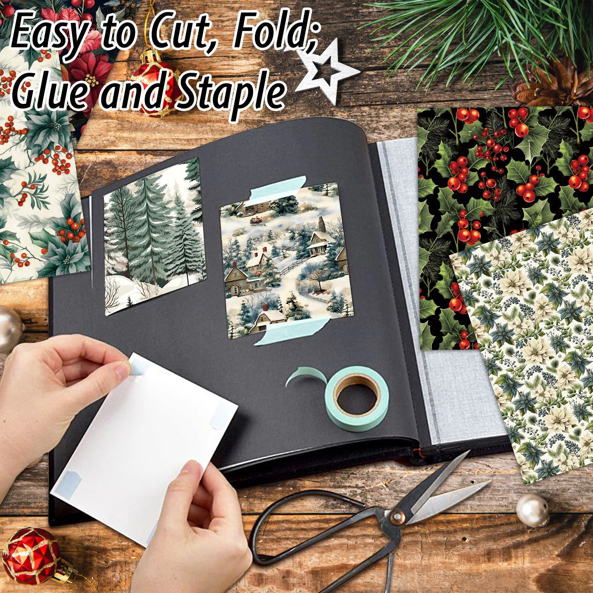 12 Stück Weihnachtsdekoratives Papier mit Holly, Beeren und Tannenzapfen