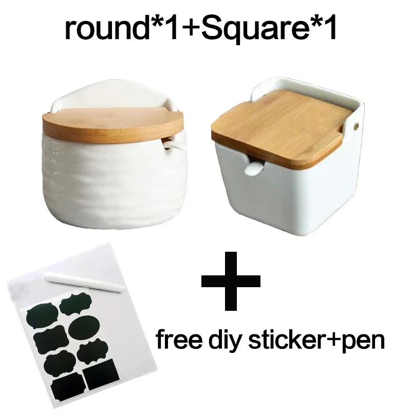 Keramik Gewürzregal mit Bambus Tablett und Holzdeckel Vorratsbehälter Set