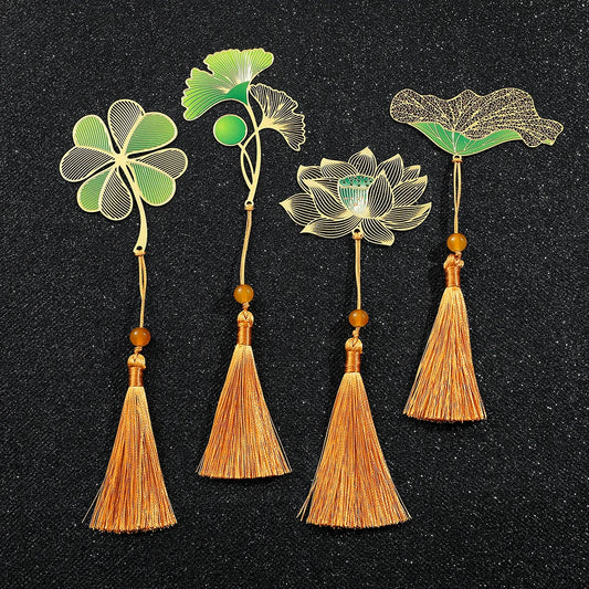Messing Lesezeichen mit grünem Blatt- und Blumendesign für Sammler