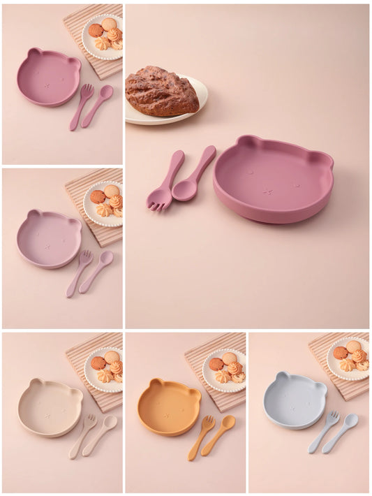 3-teiliges Babygeschirr Set mit Saugnäpfen Löffel und Gabel BPA-frei