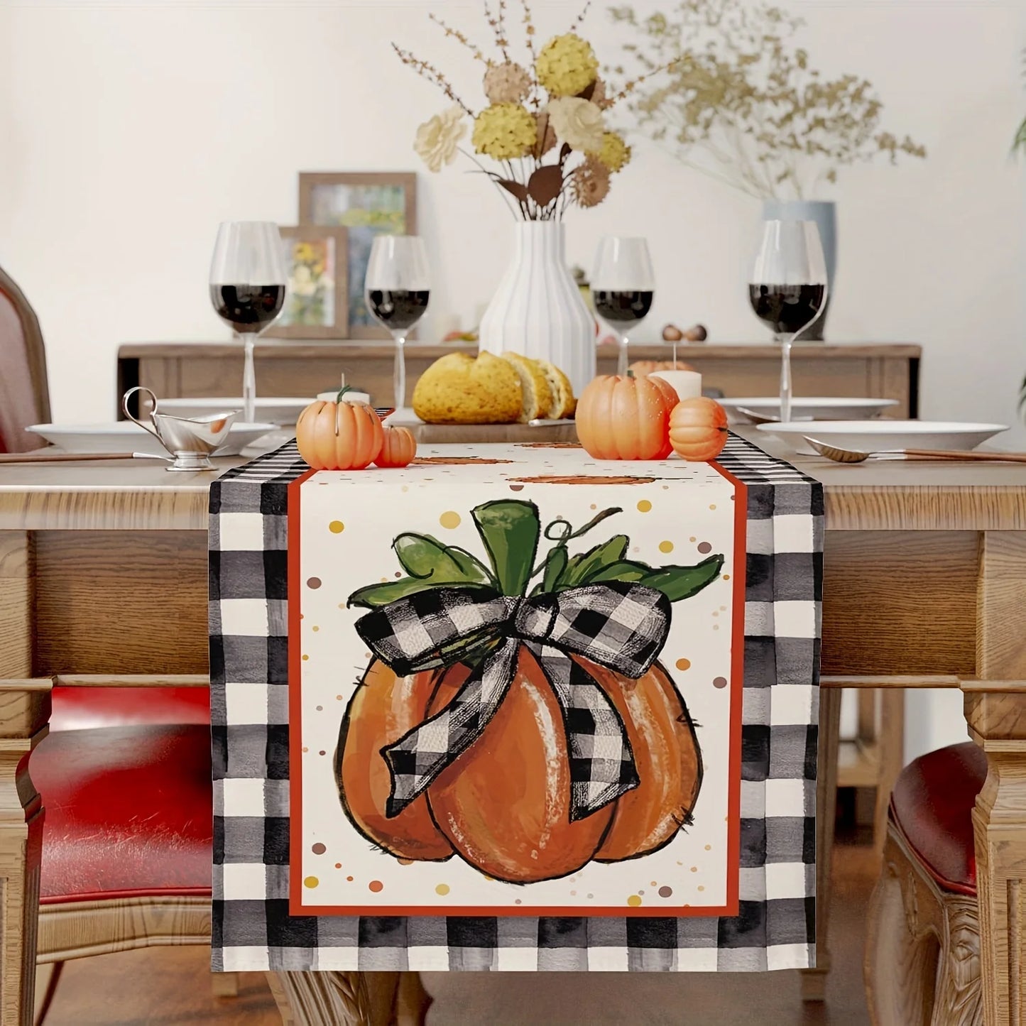 Herbst Buffalo Check Tischläufer Kürbisblatt Landhausstil Deko