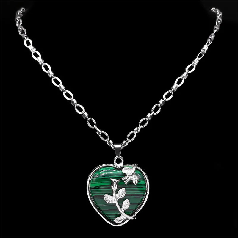 Herzanhänger Halskette mit grünem Malachit Stein aus Edelstahl Unisex