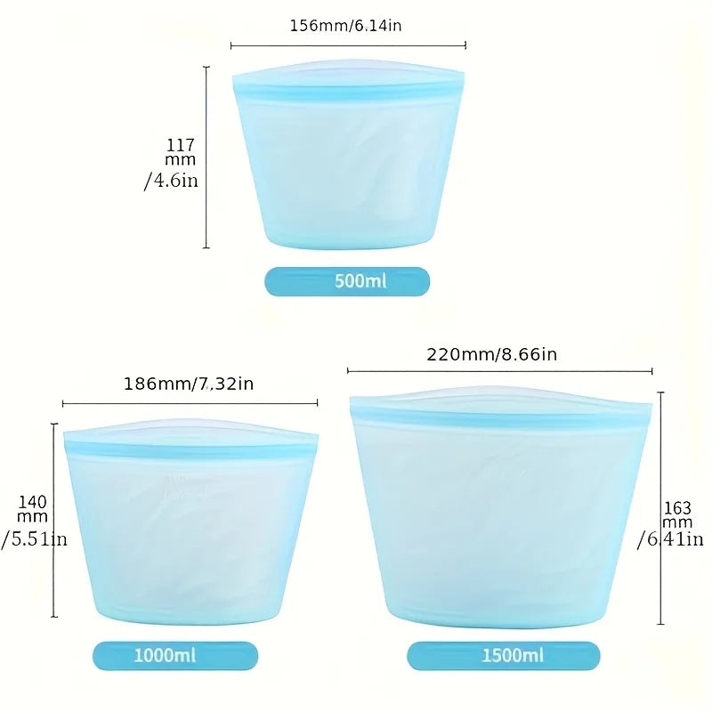 3er Set Wiederverwendbare Silikon Lebensmittel Aufbewahrungstaschen Zip