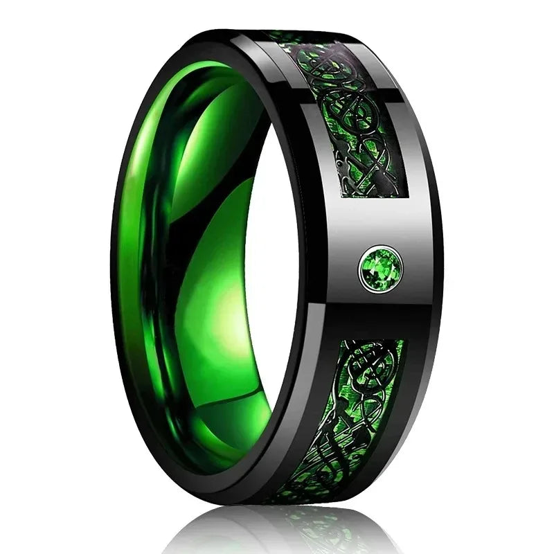 Eleganter Edelstahlring mit keltischem Drachen und Carbon Inlay