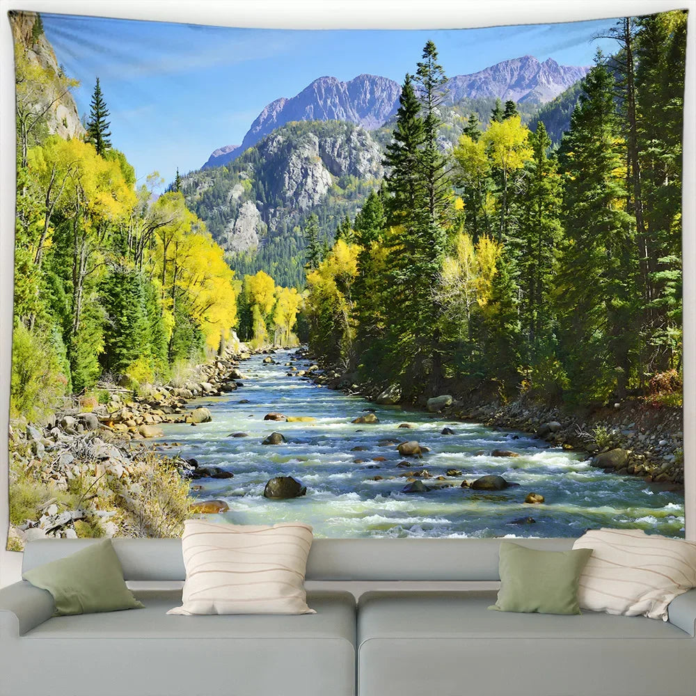 Ländliche Landschafts Tapisserie mit Wald und Wasserfall Motiv