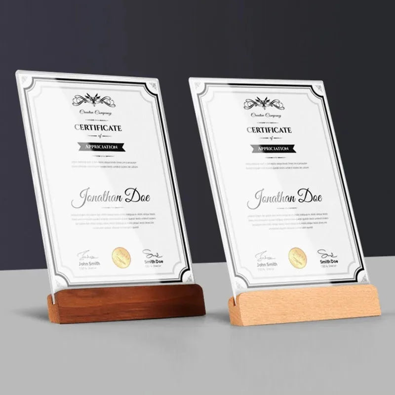 Transparenter Acryl Fotorahmenhalter mit Holzsockel für A4 A5 A6 Formate