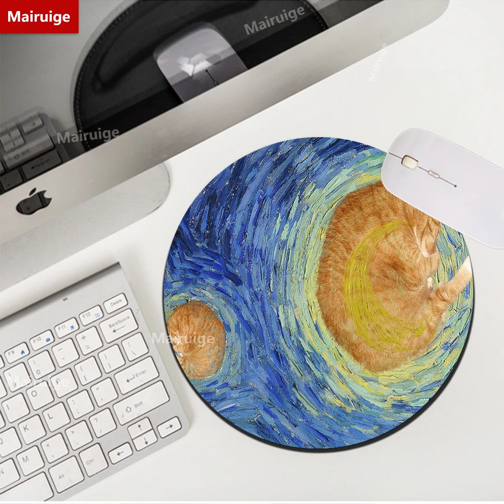 Rundes Mauspad 22cm - Niedliches Katzen Design - Van Gogh Stil für Gamer