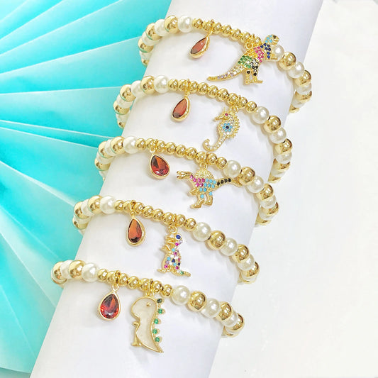 Exquisites Zirkonia Dinosaurier Perlen Armband für Damen – Jahrestagsgeschenk