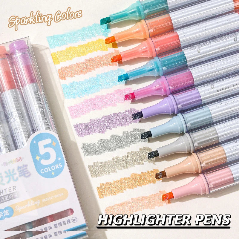 5er Set Funkelnde Glitter Textmarker: Weiche Spitze für Notizen Kunst Studium