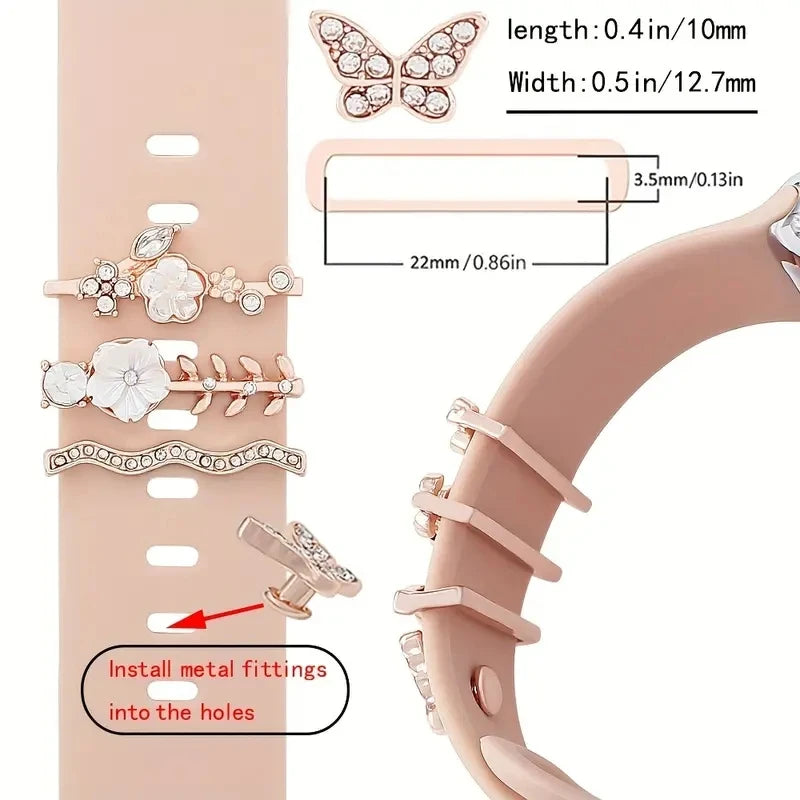 4 Stück Schmetterlings-Blumen-Armband-Ringschlaufen, Nägel, Nieten, niedliche Strass-Uhrenarmband-Charms, Dekorationen für Iwatch-Armband-Yabubest - Home & More